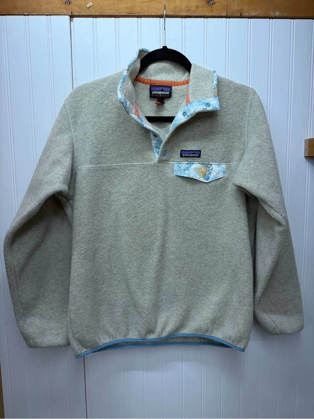 Patagonia Cream Snap-T Fleece Pullover with Light Blue Trim